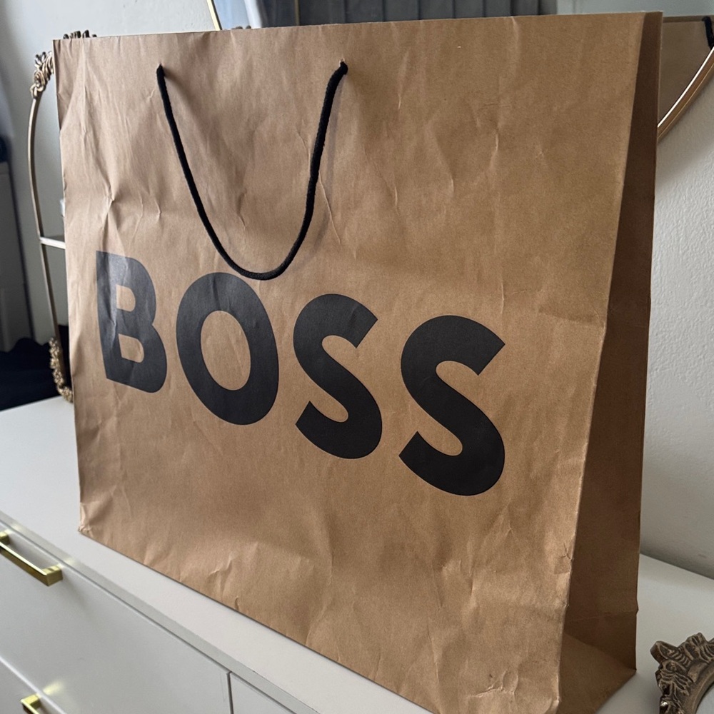 BOSS Brown Paper Tote with Black Logo and Handles